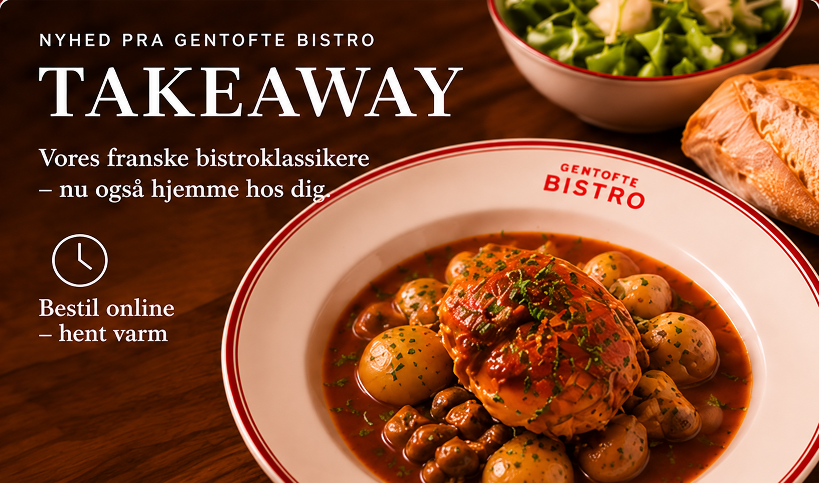 Takeaway fra Gentofte Bistro. Vores franske bistroklassikere – nu også hjemme hos dig. Bestil online, hent varm. Samme kvalitet som i restauranten. Ret anrettet på Gentofte Bistros tallerken.